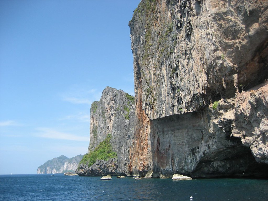 Aerial view of Koh Phi Phi limestone cliffs and blue water